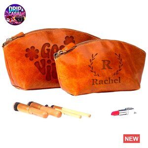 Full-Grain Leather Cosmetic Bag Personalized Engraved Elegant Gift Women